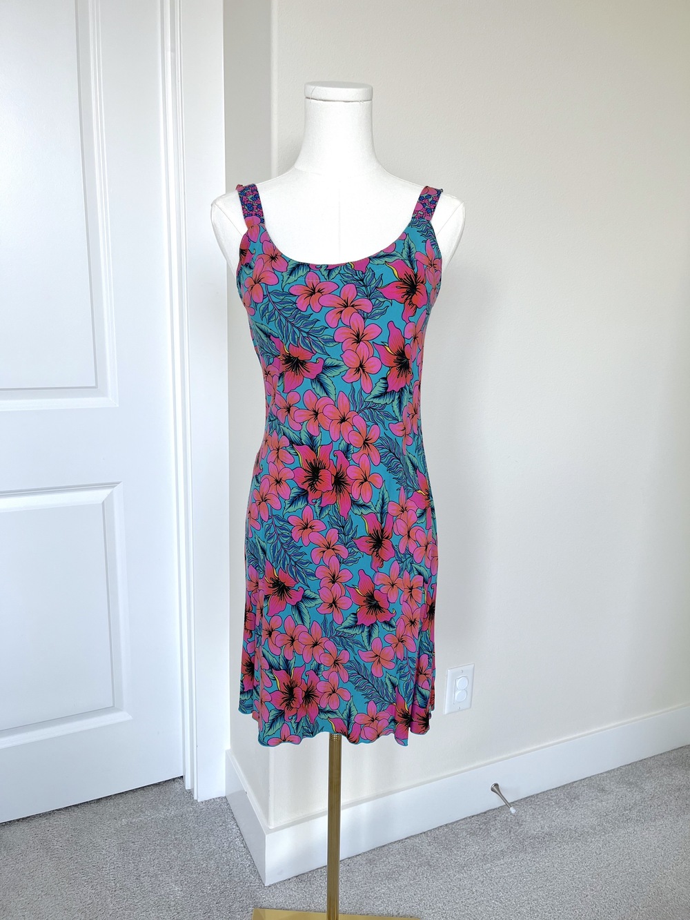 Vintage Rainbow Jo Hawaii Bias Cut Plumeria Floral Teal Pink Sundress